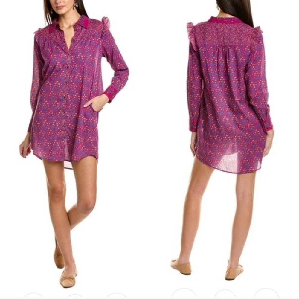 Roller Rabbit Augusta Darya shirt dress Women M Pink Floral Ruffle Cotton Mini